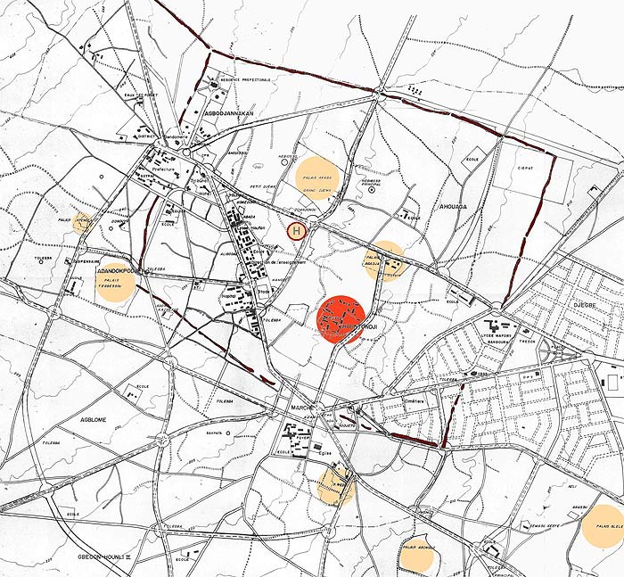 Carte d’Abomey avec fossés et palais royaux.